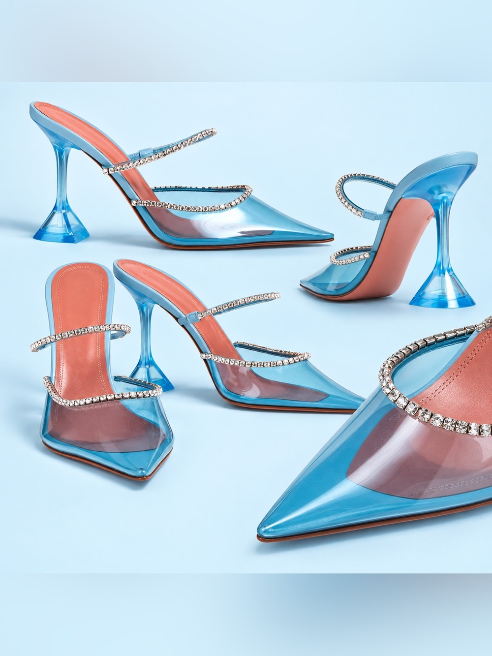 Amina Muaddi Gilda Glass Crystal PVC Mules Blue Size 7.5 $1,115